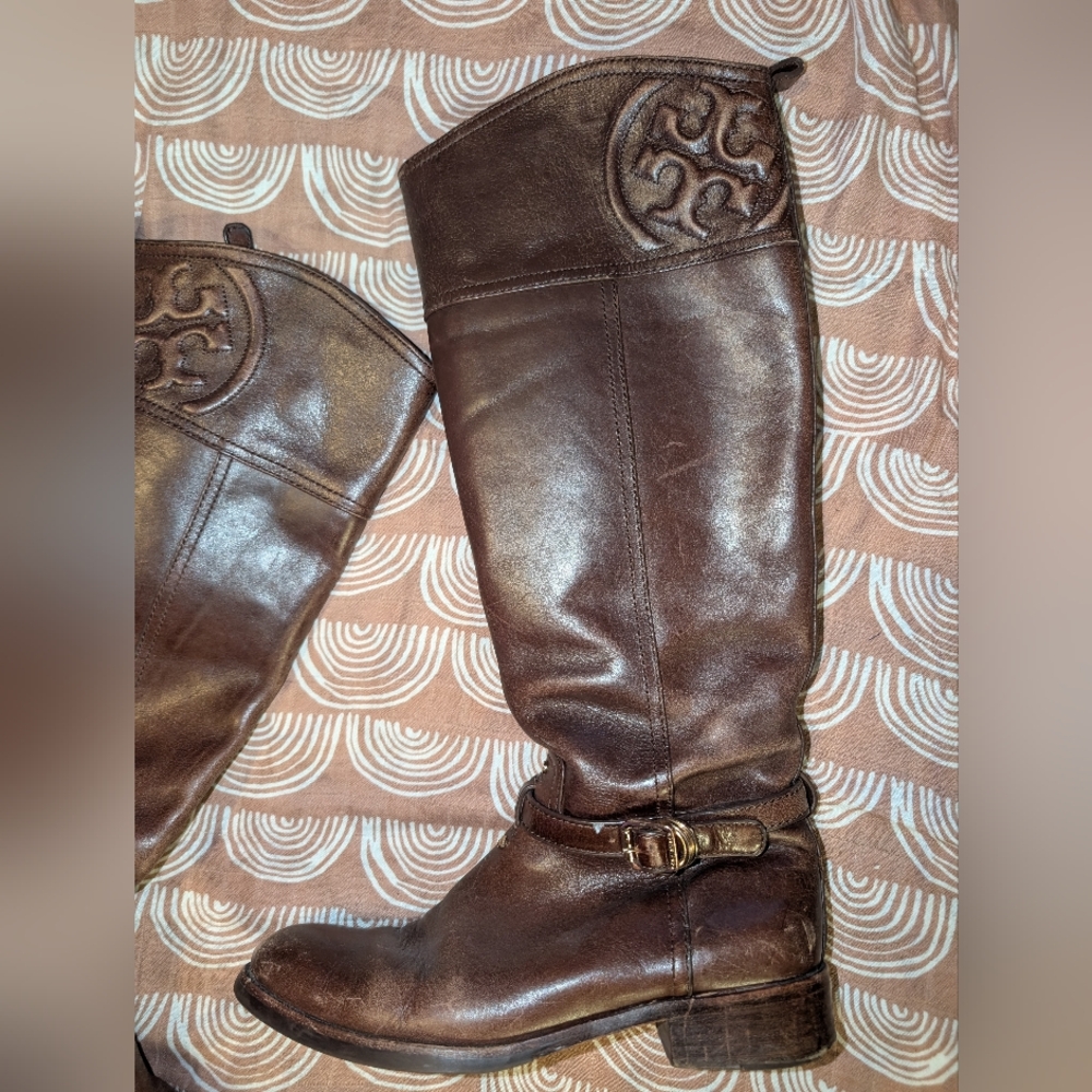 Tory Burch Women's Coconut Brown Leather MARLENE Riding Boot Sz 7.5 M Logo - Picture 3 of 15